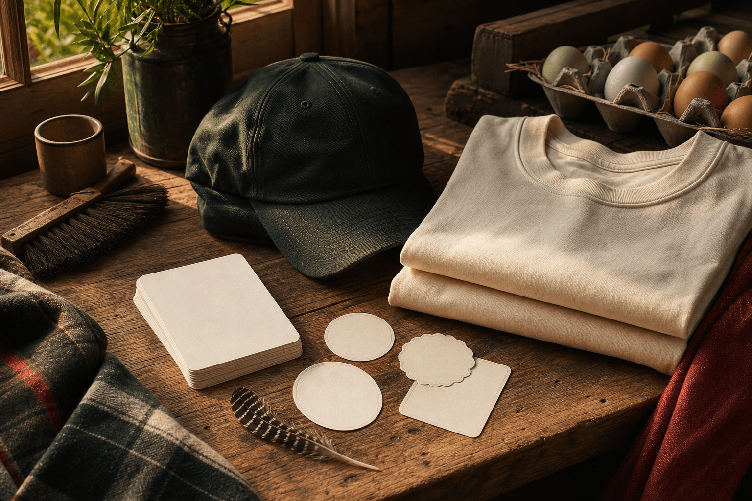 Premium Shaggy Ink Farms store goods mockup with cap, folded shirt, blank labels, eggs, and rustic workbench