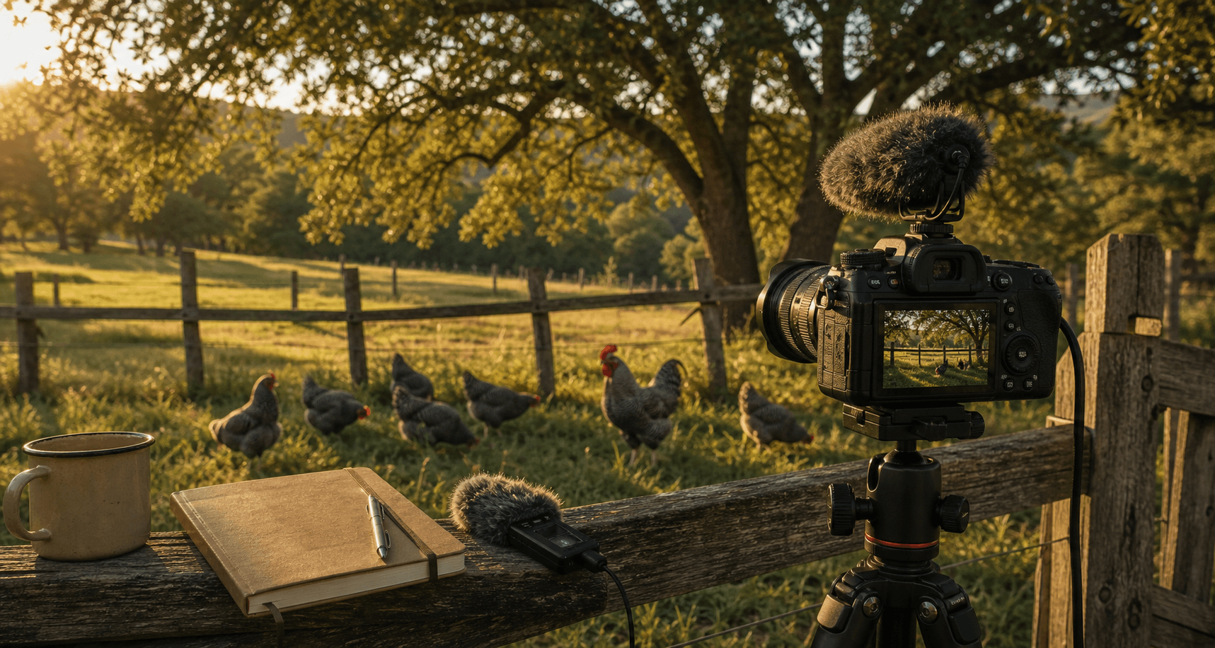Camera and microphone setup filming Plymouth Barred Rock chickens in golden oak pasture